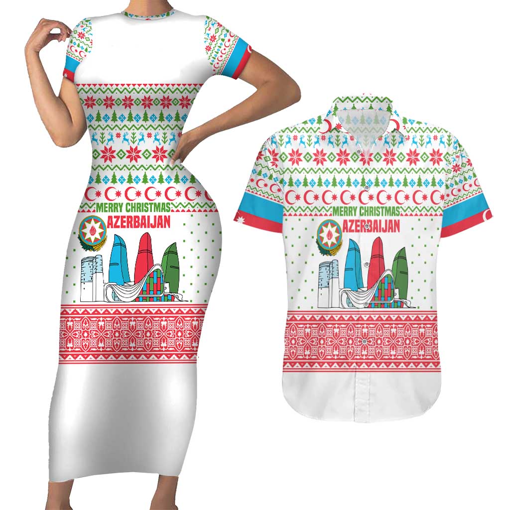 Azerbaijan Christmas Couples Matching Short Sleeve Bodycon Dress and Hawaiian Shirt with Baku Skyline Azerbaijan Flag and Red Green Snowflake Pattern Design - Wonder Print Shop