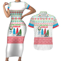 Azerbaijan Christmas Couples Matching Short Sleeve Bodycon Dress and Hawaiian Shirt with Baku Skyline Azerbaijan Flag and Red Green Snowflake Pattern Design - Wonder Print Shop