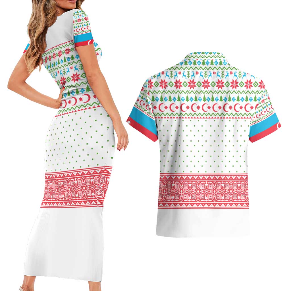 Azerbaijan Christmas Couples Matching Short Sleeve Bodycon Dress and Hawaiian Shirt with Baku Skyline Azerbaijan Flag and Red Green Snowflake Pattern Design - Wonder Print Shop