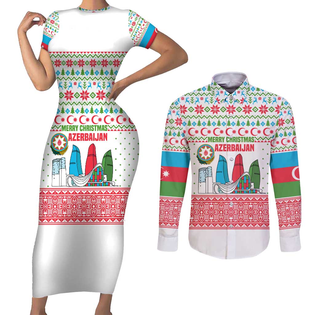 Azerbaijan Christmas Couples Matching Short Sleeve Bodycon Dress and Long Sleeve Button Shirt with Baku Skyline Azerbaijan Flag and Red Green Snowflake Pattern Design - Wonder Print Shop