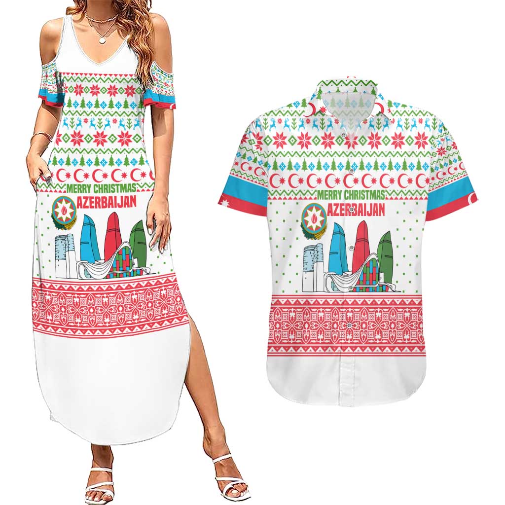 Azerbaijan Christmas Couples Matching Summer Maxi Dress and Hawaiian Shirt with Baku Skyline Azerbaijan Flag and Red Green Snowflake Pattern Design - Wonder Print Shop
