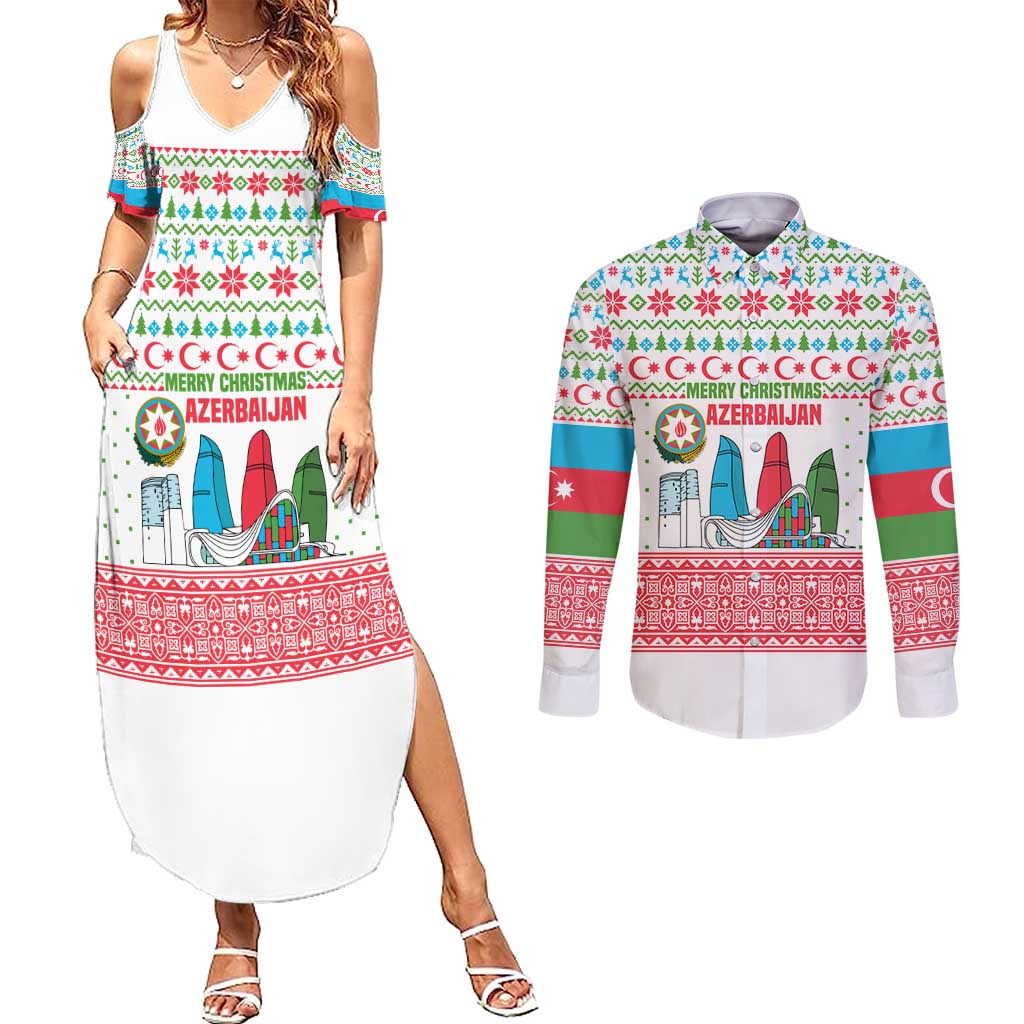 Azerbaijan Christmas Couples Matching Summer Maxi Dress and Long Sleeve Button Shirt with Baku Skyline Azerbaijan Flag and Red Green Snowflake Pattern Design - Wonder Print Shop