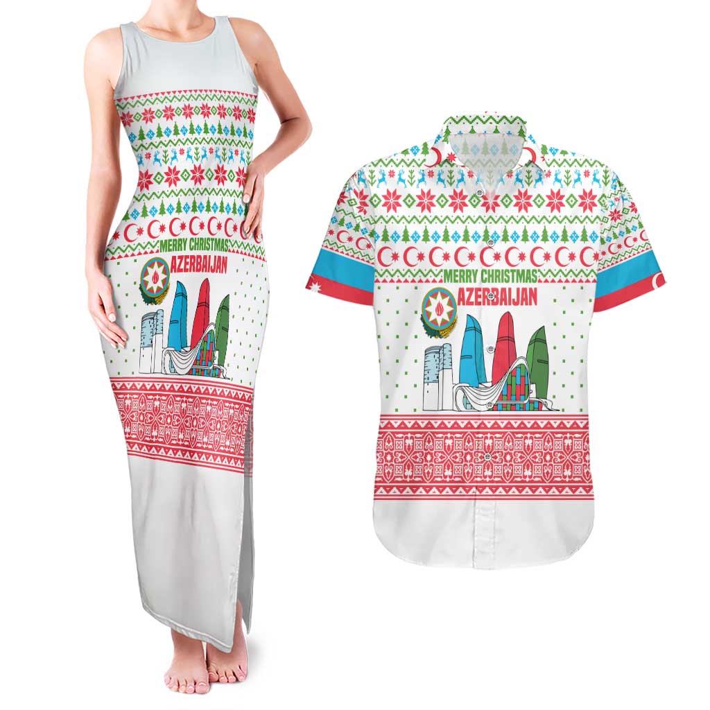Azerbaijan Christmas Couples Matching Tank Maxi Dress and Hawaiian Shirt with Baku Skyline Azerbaijan Flag and Red Green Snowflake Pattern Design - Wonder Print Shop