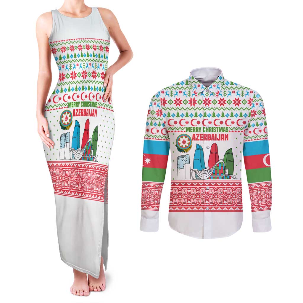 Azerbaijan Christmas Couples Matching Tank Maxi Dress and Long Sleeve Button Shirt with Baku Skyline Azerbaijan Flag and Red Green Snowflake Pattern Design - Wonder Print Shop