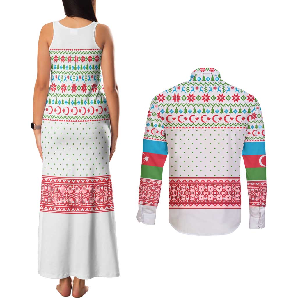 Azerbaijan Christmas Couples Matching Tank Maxi Dress and Long Sleeve Button Shirt with Baku Skyline Azerbaijan Flag and Red Green Snowflake Pattern Design - Wonder Print Shop