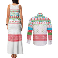 Azerbaijan Christmas Couples Matching Tank Maxi Dress and Long Sleeve Button Shirt with Baku Skyline Azerbaijan Flag and Red Green Snowflake Pattern Design - Wonder Print Shop