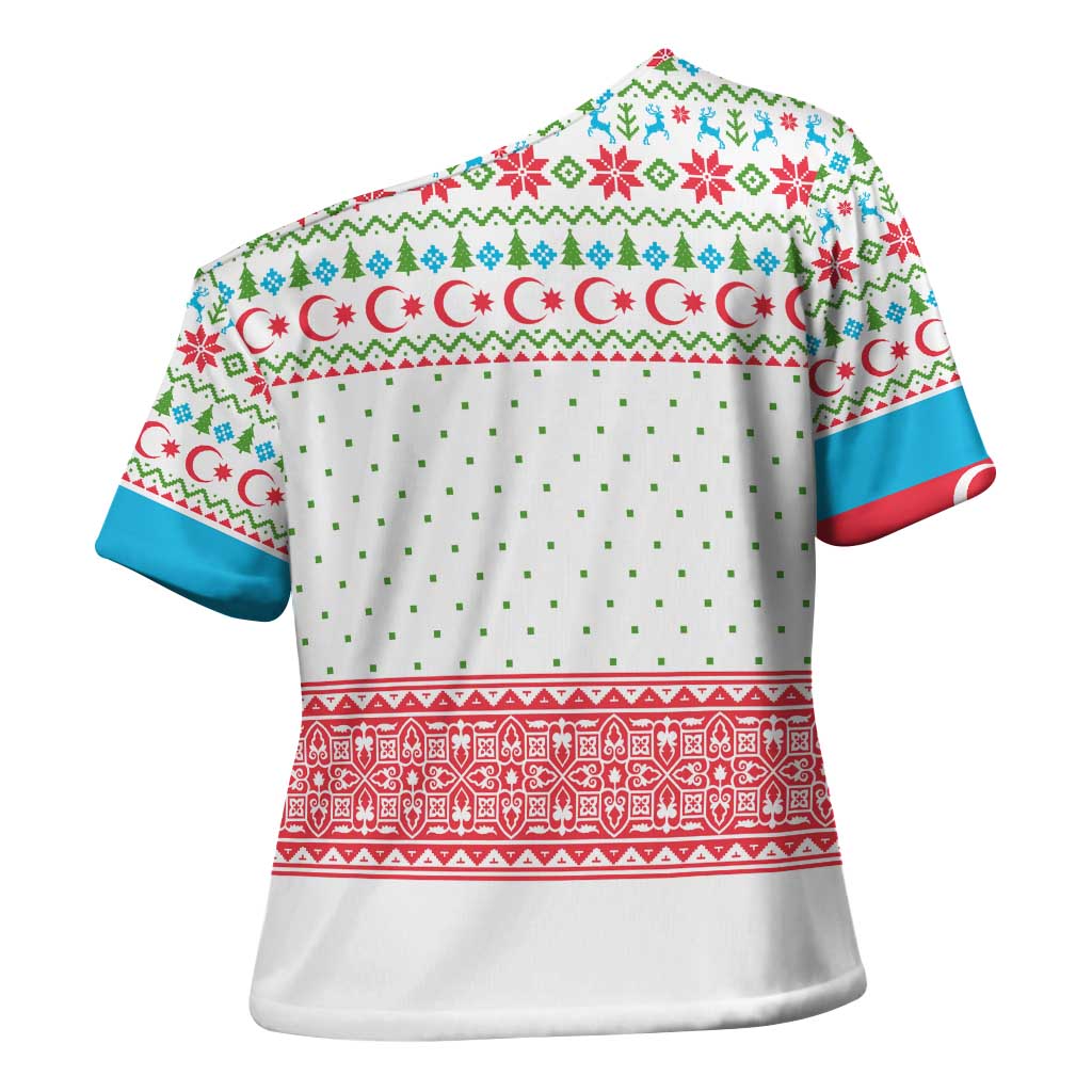 Azerbaijan Christmas Cross Shoulder Shirt with Baku Skyline Azerbaijan Flag and Red Green Snowflake Pattern Design - Wonder Print Shop