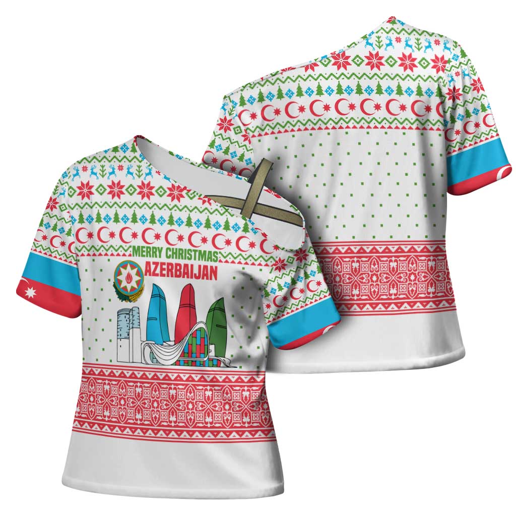 Azerbaijan Christmas Cross Shoulder Shirt with Baku Skyline Azerbaijan Flag and Red Green Snowflake Pattern Design - Wonder Print Shop