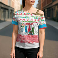 Azerbaijan Christmas Cross Shoulder Shirt with Baku Skyline Azerbaijan Flag and Red Green Snowflake Pattern Design - Wonder Print Shop