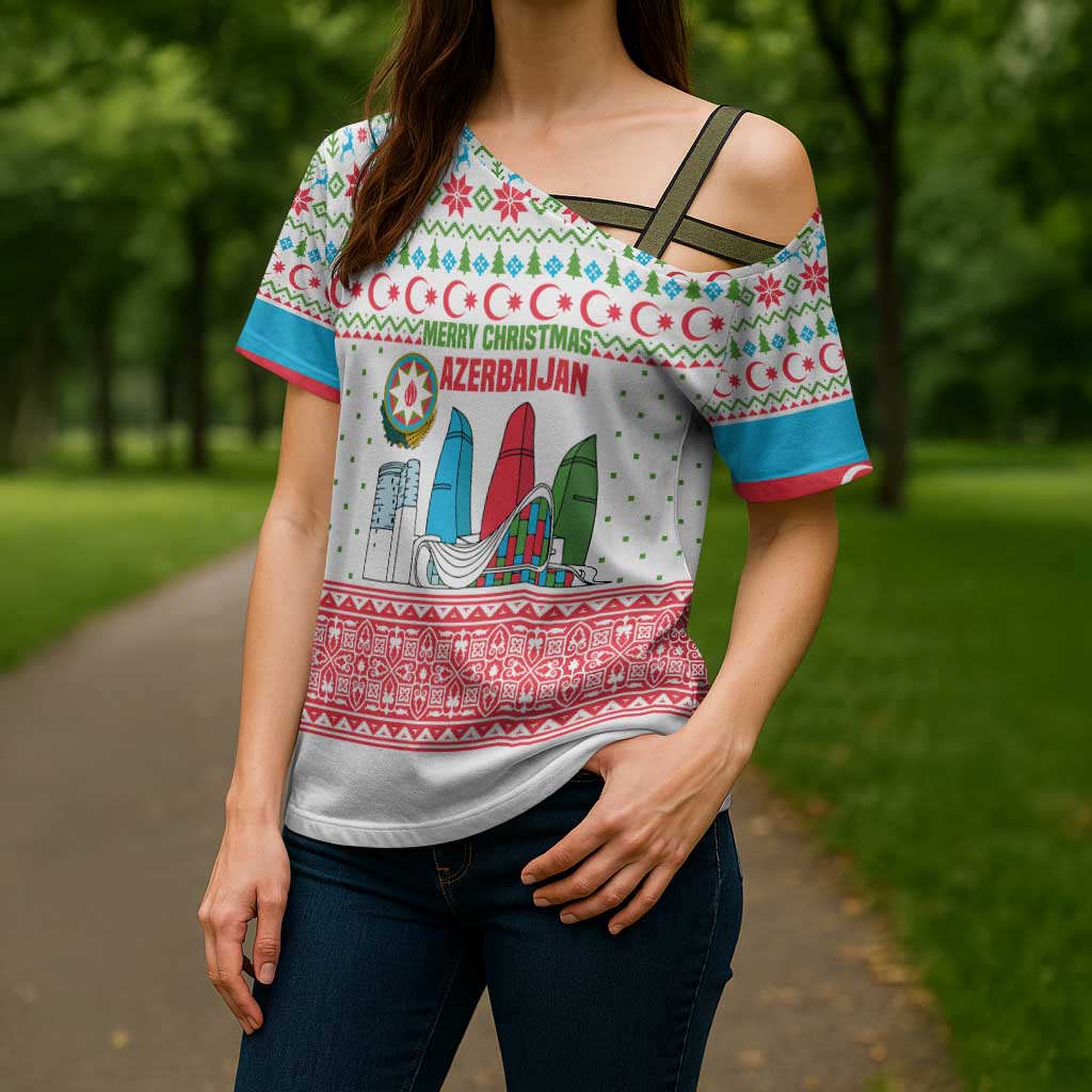 Azerbaijan Christmas Cross Shoulder Shirt with Baku Skyline Azerbaijan Flag and Red Green Snowflake Pattern Design - Wonder Print Shop