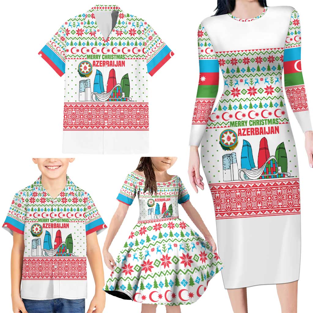 Azerbaijan Christmas Family Matching Long Sleeve Bodycon Dress and Hawaiian Shirt with Baku Skyline Azerbaijan Flag and Red Green Snowflake Pattern Design - Wonder Print Shop