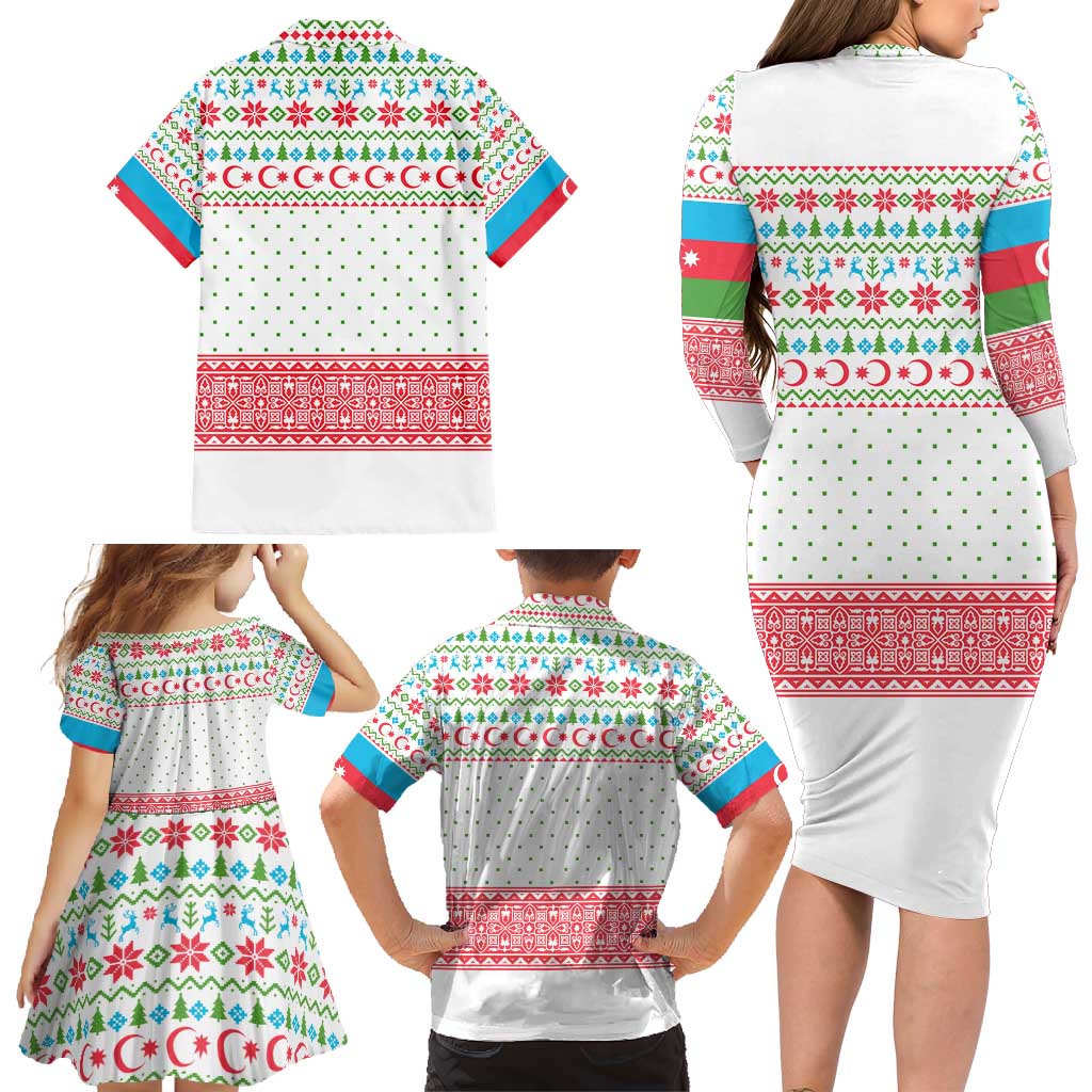 Azerbaijan Christmas Family Matching Long Sleeve Bodycon Dress and Hawaiian Shirt with Baku Skyline Azerbaijan Flag and Red Green Snowflake Pattern Design - Wonder Print Shop