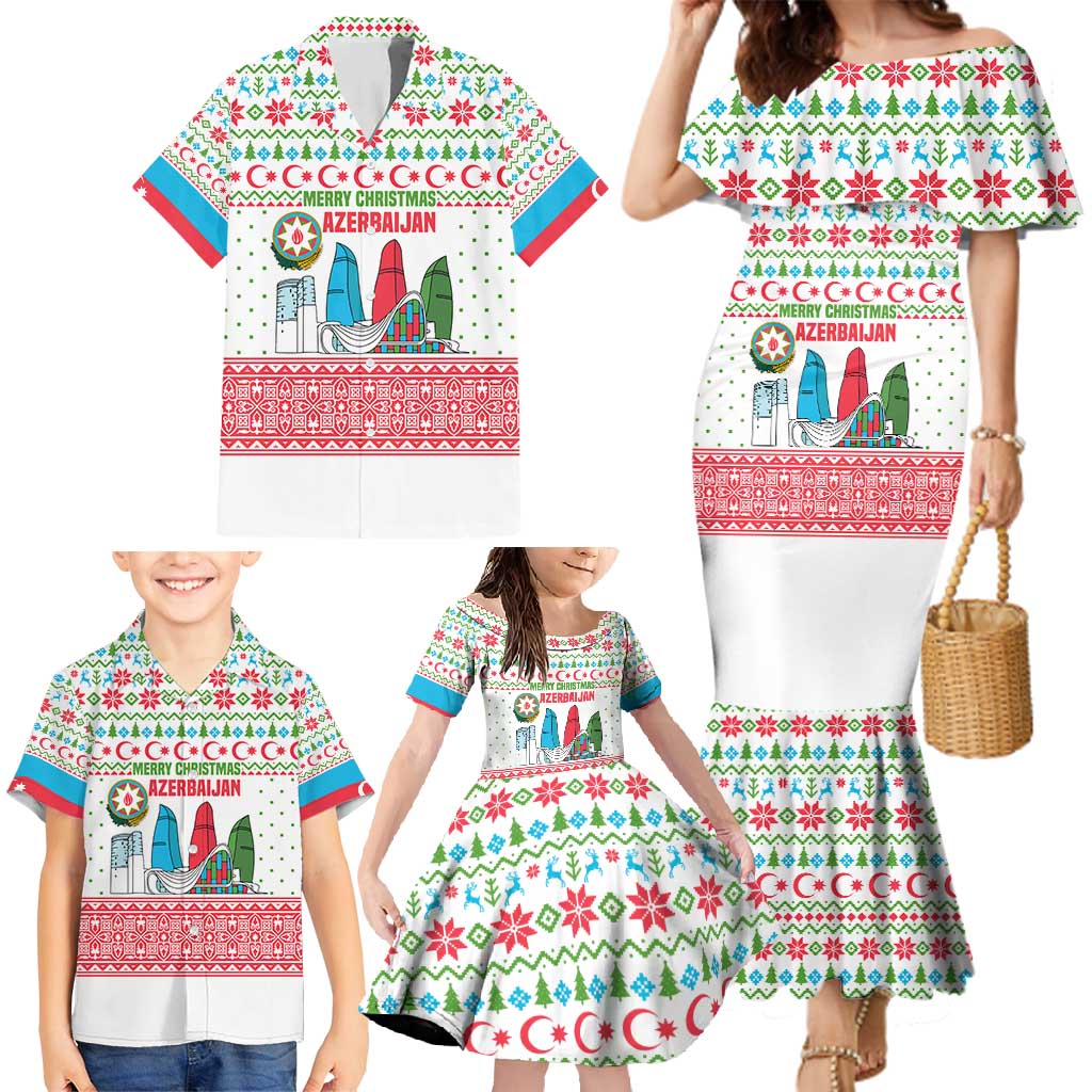 Azerbaijan Christmas Family Matching Mermaid Dress and Hawaiian Shirt with Baku Skyline Azerbaijan Flag and Red Green Snowflake Pattern Design - Wonder Print Shop