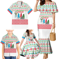 Azerbaijan Christmas Family Matching Mermaid Dress and Hawaiian Shirt with Baku Skyline Azerbaijan Flag and Red Green Snowflake Pattern Design - Wonder Print Shop