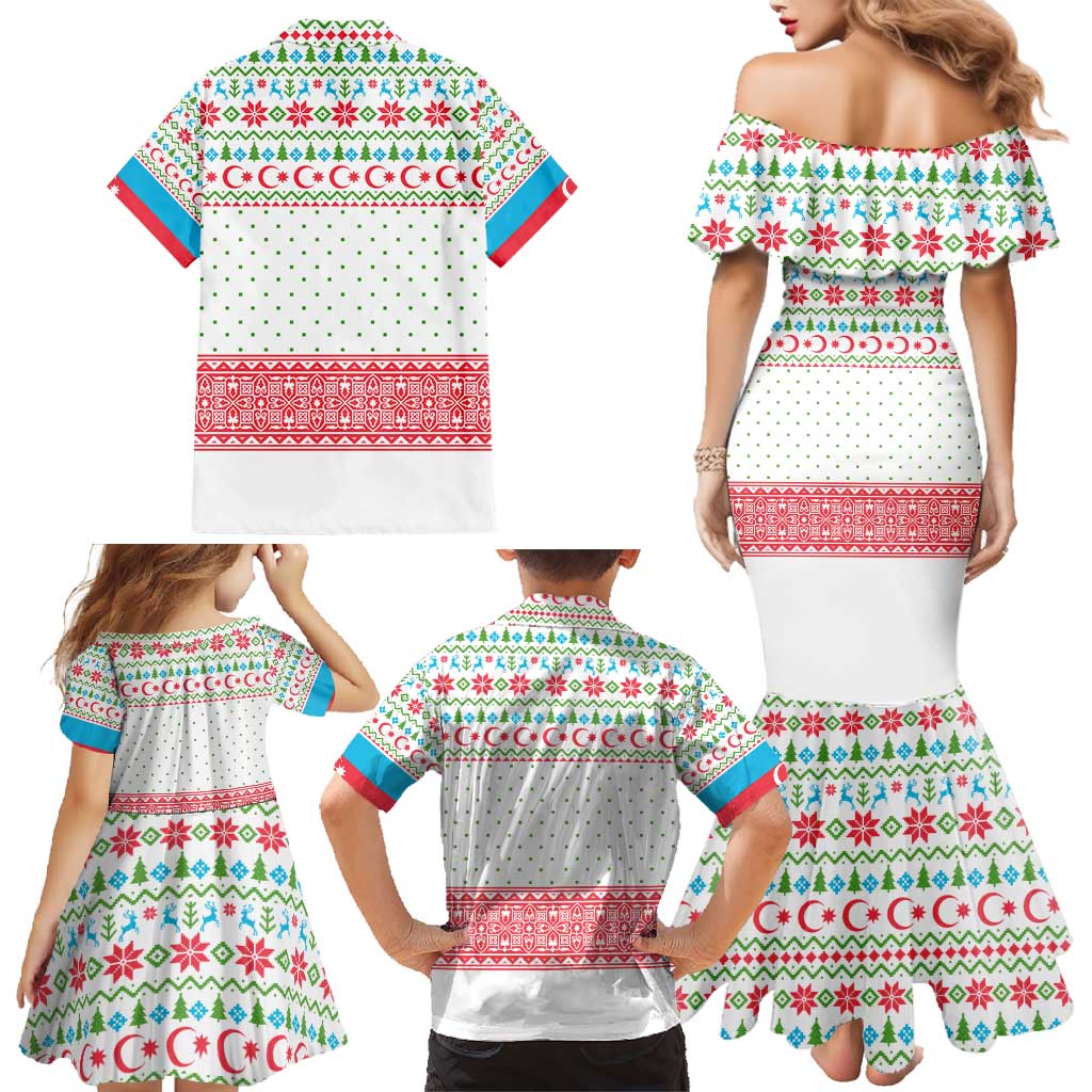 Azerbaijan Christmas Family Matching Mermaid Dress and Hawaiian Shirt with Baku Skyline Azerbaijan Flag and Red Green Snowflake Pattern Design - Wonder Print Shop