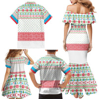 Azerbaijan Christmas Family Matching Mermaid Dress and Hawaiian Shirt with Baku Skyline Azerbaijan Flag and Red Green Snowflake Pattern Design - Wonder Print Shop