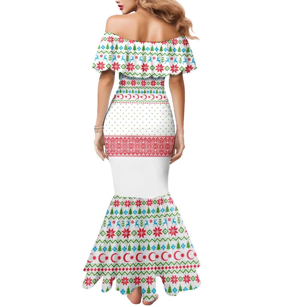 Azerbaijan Christmas Family Matching Mermaid Dress and Hawaiian Shirt with Baku Skyline Azerbaijan Flag and Red Green Snowflake Pattern Design - Wonder Print Shop