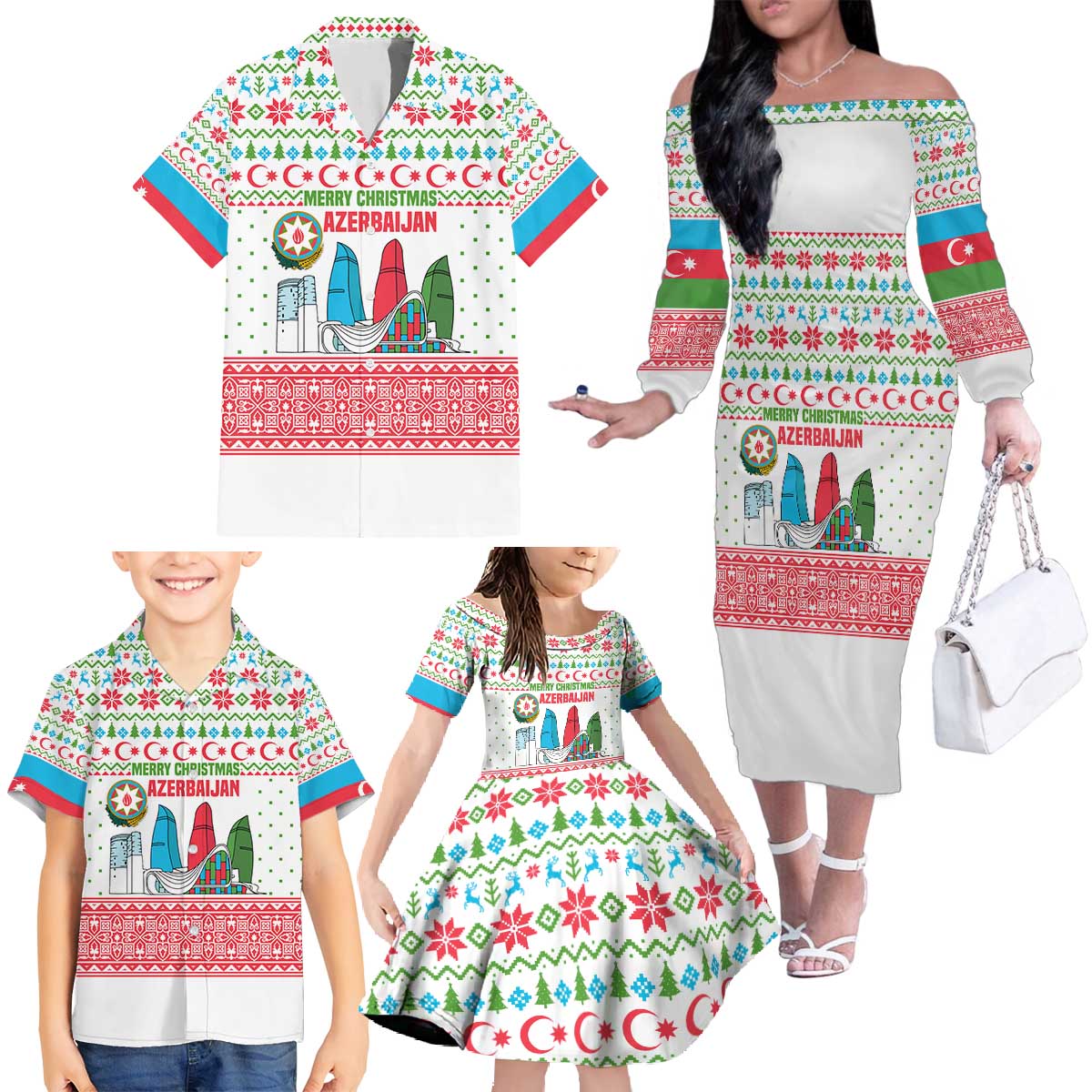 Azerbaijan Christmas Family Matching Off The Shoulder Long Sleeve Dress and Hawaiian Shirt with Baku Skyline Azerbaijan Flag and Red Green Snowflake Pattern Design - Wonder Print Shop
