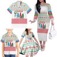 Azerbaijan Christmas Family Matching Off The Shoulder Long Sleeve Dress and Hawaiian Shirt with Baku Skyline Azerbaijan Flag and Red Green Snowflake Pattern Design - Wonder Print Shop
