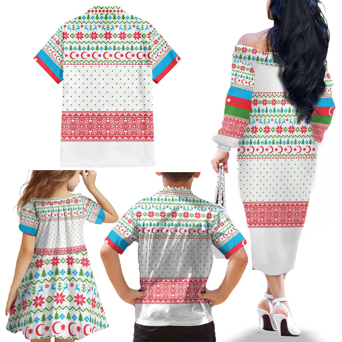 Azerbaijan Christmas Family Matching Off The Shoulder Long Sleeve Dress and Hawaiian Shirt with Baku Skyline Azerbaijan Flag and Red Green Snowflake Pattern Design - Wonder Print Shop