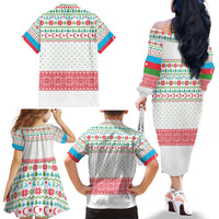 Azerbaijan Christmas Family Matching Off The Shoulder Long Sleeve Dress and Hawaiian Shirt with Baku Skyline Azerbaijan Flag and Red Green Snowflake Pattern Design - Wonder Print Shop