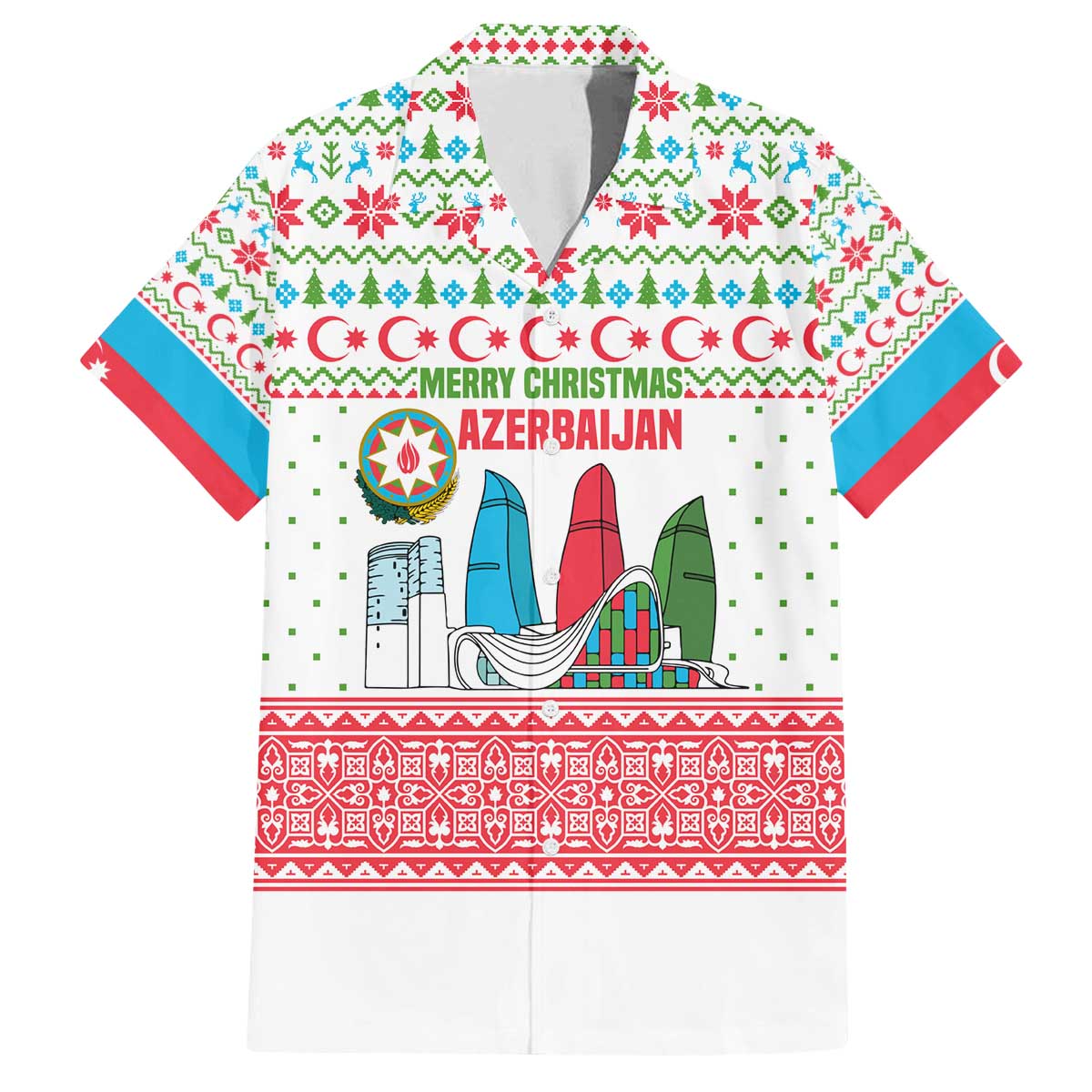 Azerbaijan Christmas Family Matching Off The Shoulder Long Sleeve Dress and Hawaiian Shirt with Baku Skyline Azerbaijan Flag and Red Green Snowflake Pattern Design - Wonder Print Shop