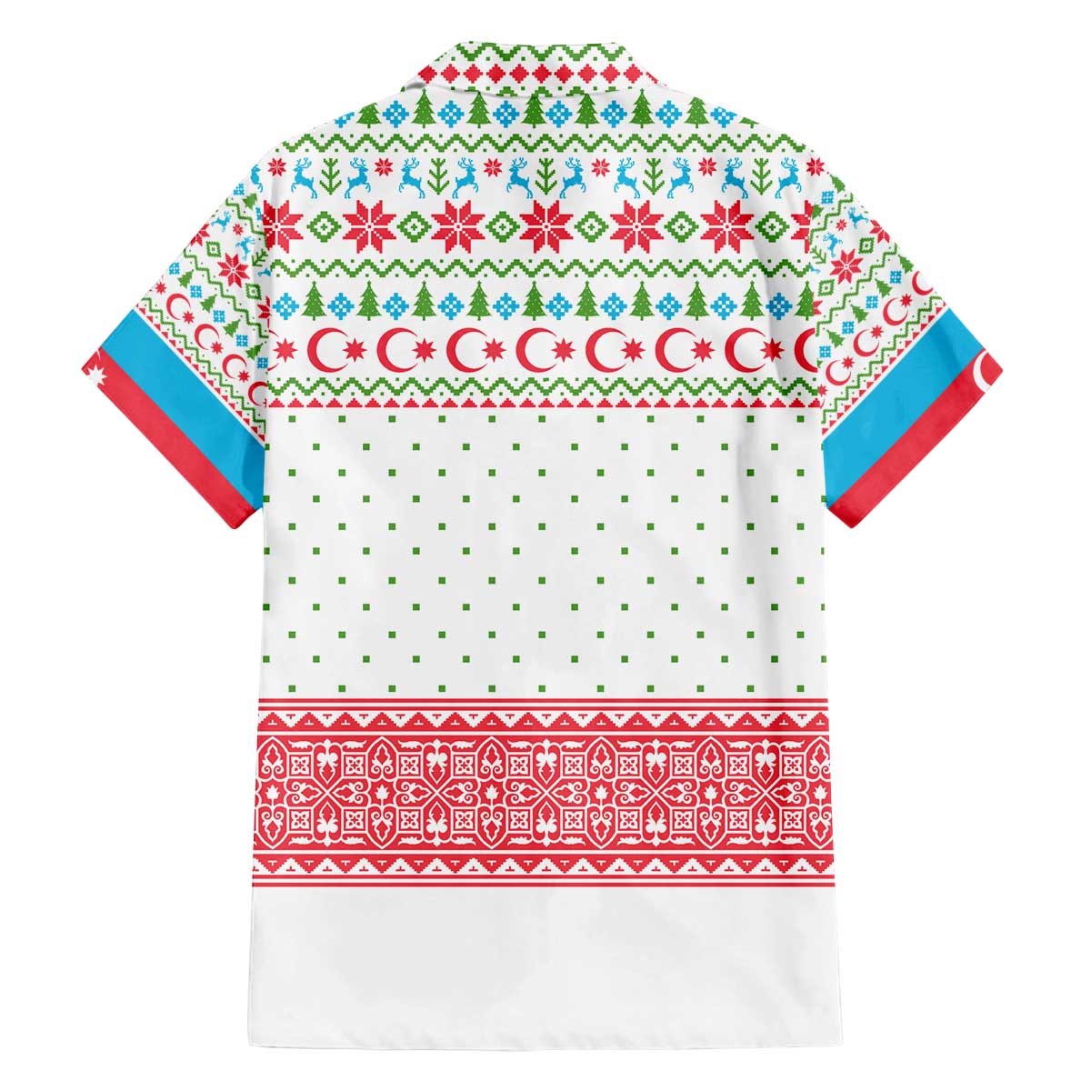 Azerbaijan Christmas Family Matching Off The Shoulder Long Sleeve Dress and Hawaiian Shirt with Baku Skyline Azerbaijan Flag and Red Green Snowflake Pattern Design - Wonder Print Shop