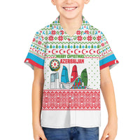 Azerbaijan Christmas Family Matching Off The Shoulder Long Sleeve Dress and Hawaiian Shirt with Baku Skyline Azerbaijan Flag and Red Green Snowflake Pattern Design - Wonder Print Shop