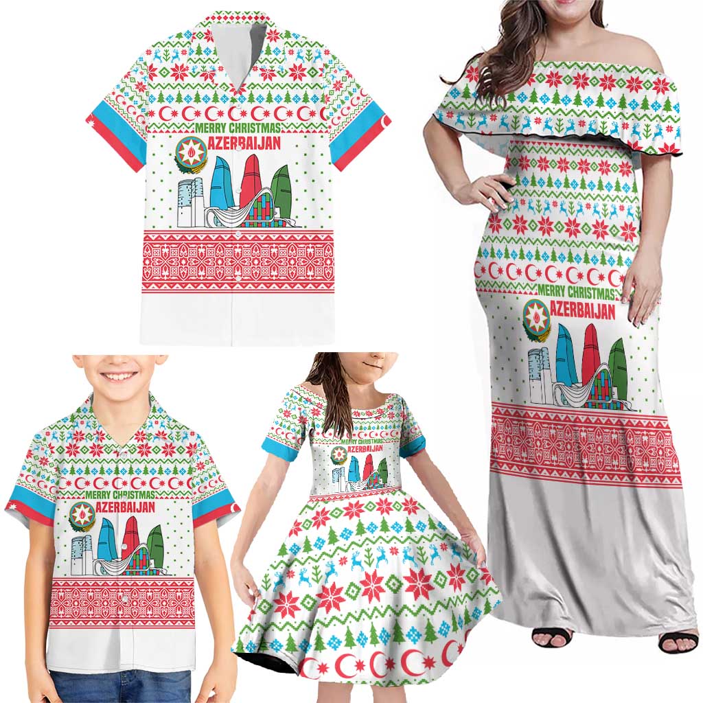 Azerbaijan Christmas Family Matching Off Shoulder Maxi Dress and Hawaiian Shirt with Baku Skyline Azerbaijan Flag and Red Green Snowflake Pattern Design - Wonder Print Shop