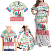 Azerbaijan Christmas Family Matching Off Shoulder Maxi Dress and Hawaiian Shirt with Baku Skyline Azerbaijan Flag and Red Green Snowflake Pattern Design - Wonder Print Shop