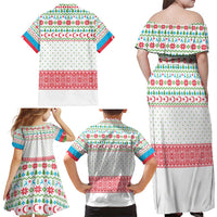 Azerbaijan Christmas Family Matching Off Shoulder Maxi Dress and Hawaiian Shirt with Baku Skyline Azerbaijan Flag and Red Green Snowflake Pattern Design - Wonder Print Shop