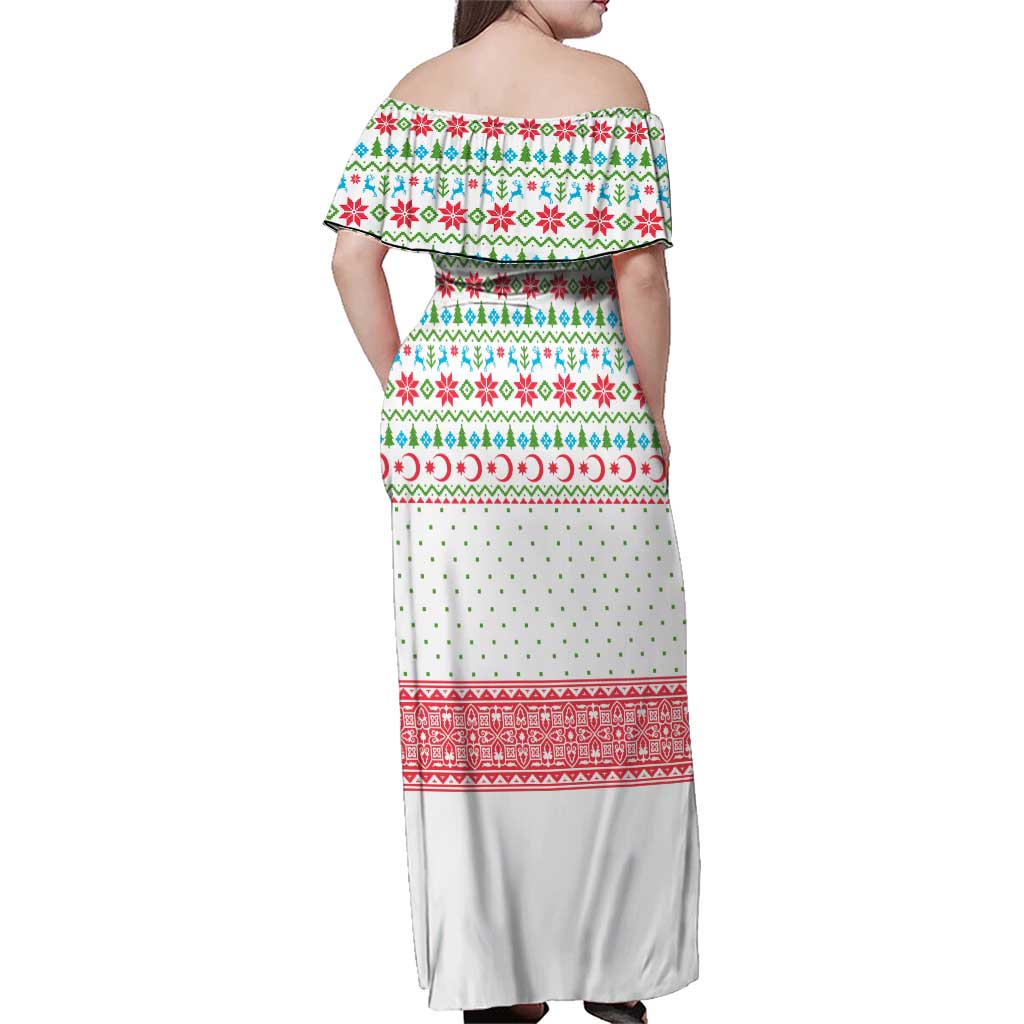 Azerbaijan Christmas Family Matching Off Shoulder Maxi Dress and Hawaiian Shirt with Baku Skyline Azerbaijan Flag and Red Green Snowflake Pattern Design - Wonder Print Shop