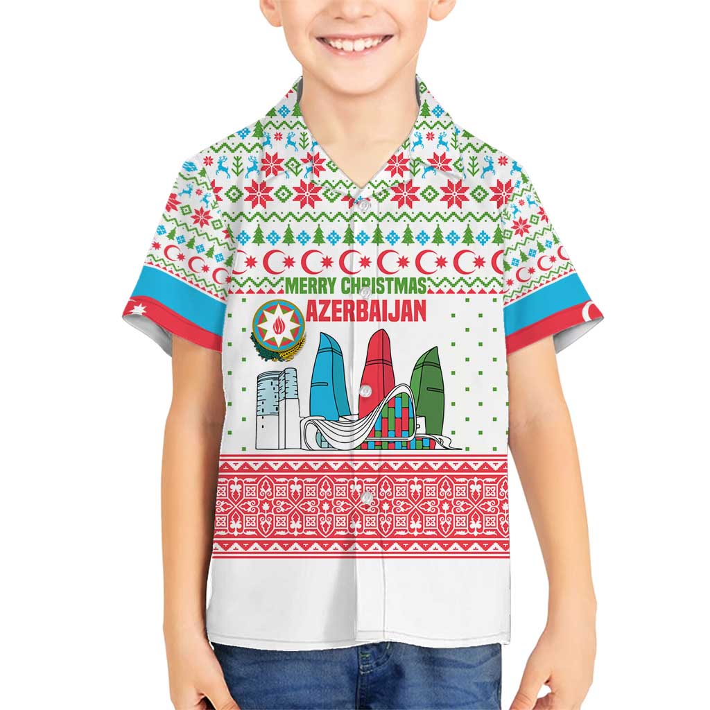 Azerbaijan Christmas Family Matching Off Shoulder Maxi Dress and Hawaiian Shirt with Baku Skyline Azerbaijan Flag and Red Green Snowflake Pattern Design - Wonder Print Shop