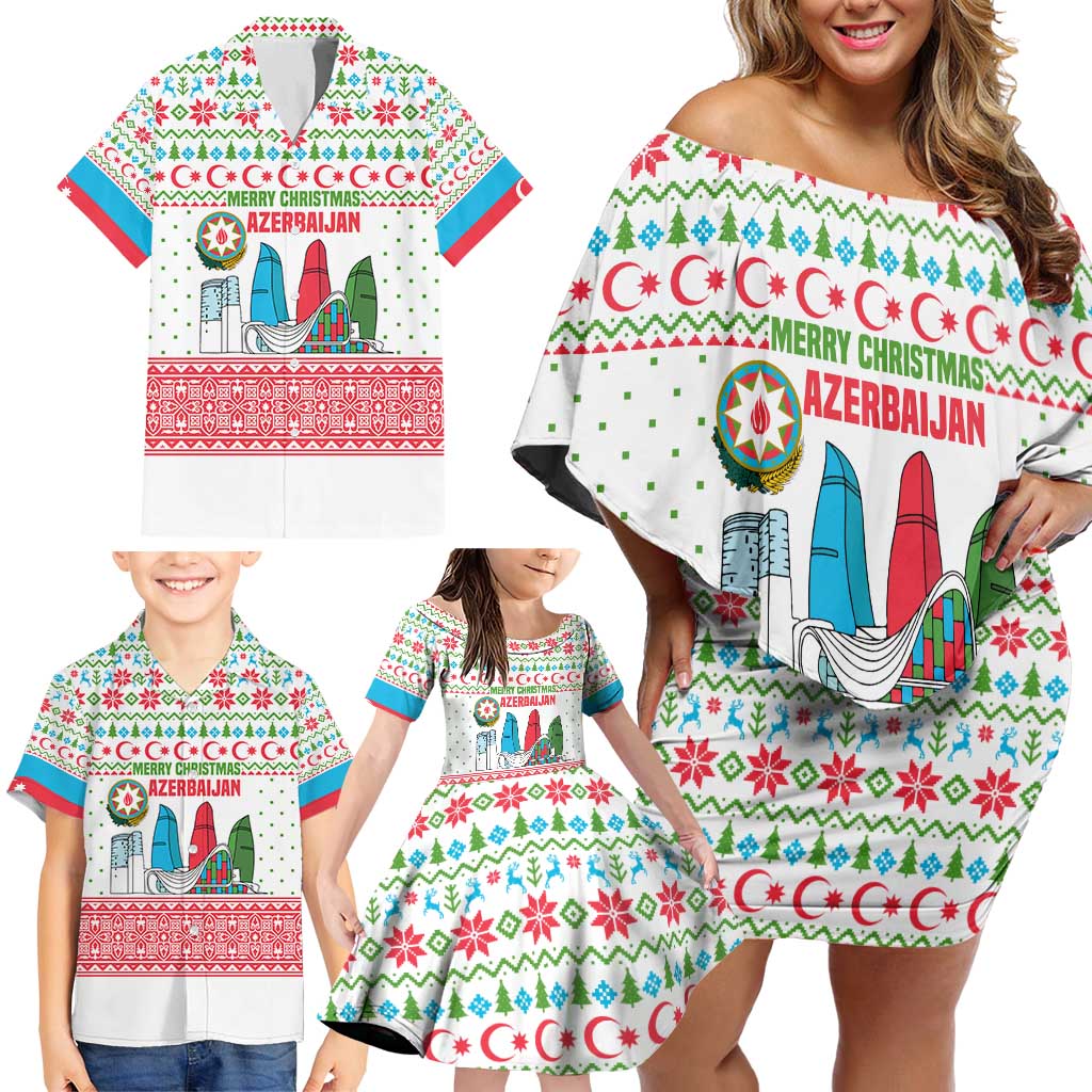 Azerbaijan Christmas Family Matching Off Shoulder Short Dress and Hawaiian Shirt with Baku Skyline Azerbaijan Flag and Red Green Snowflake Pattern Design - Wonder Print Shop
