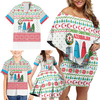 Azerbaijan Christmas Family Matching Off Shoulder Short Dress and Hawaiian Shirt with Baku Skyline Azerbaijan Flag and Red Green Snowflake Pattern Design - Wonder Print Shop
