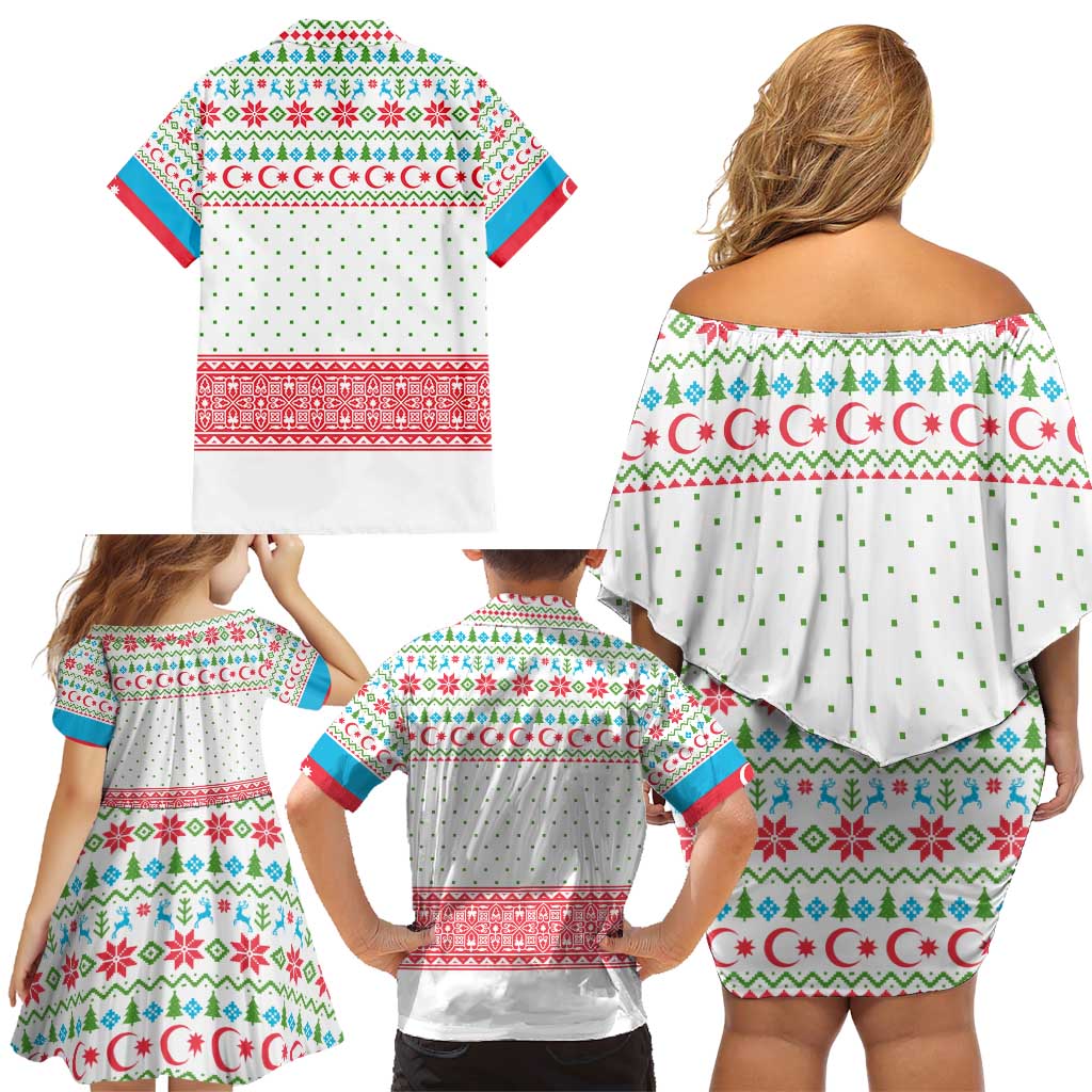 Azerbaijan Christmas Family Matching Off Shoulder Short Dress and Hawaiian Shirt with Baku Skyline Azerbaijan Flag and Red Green Snowflake Pattern Design - Wonder Print Shop