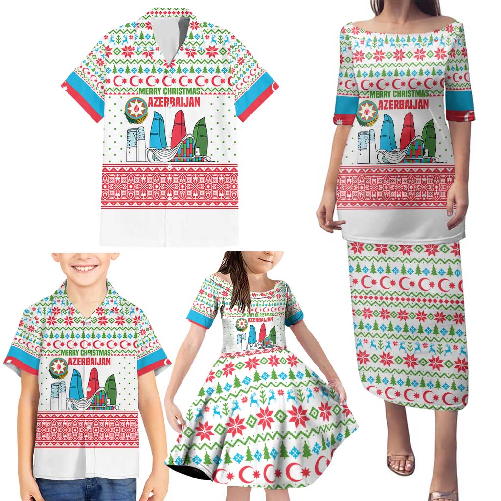Azerbaijan Christmas Family Matching Puletasi and Hawaiian Shirt with Baku Skyline Azerbaijan Flag and Red Green Snowflake Pattern Design - Wonder Print Shop