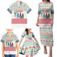 Azerbaijan Christmas Family Matching Puletasi and Hawaiian Shirt with Baku Skyline Azerbaijan Flag and Red Green Snowflake Pattern Design - Wonder Print Shop