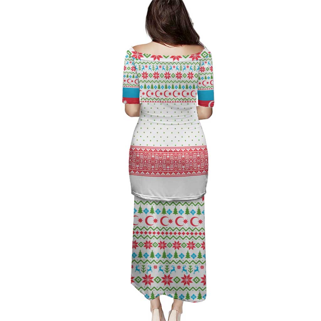 Azerbaijan Christmas Family Matching Puletasi and Hawaiian Shirt with Baku Skyline Azerbaijan Flag and Red Green Snowflake Pattern Design - Wonder Print Shop