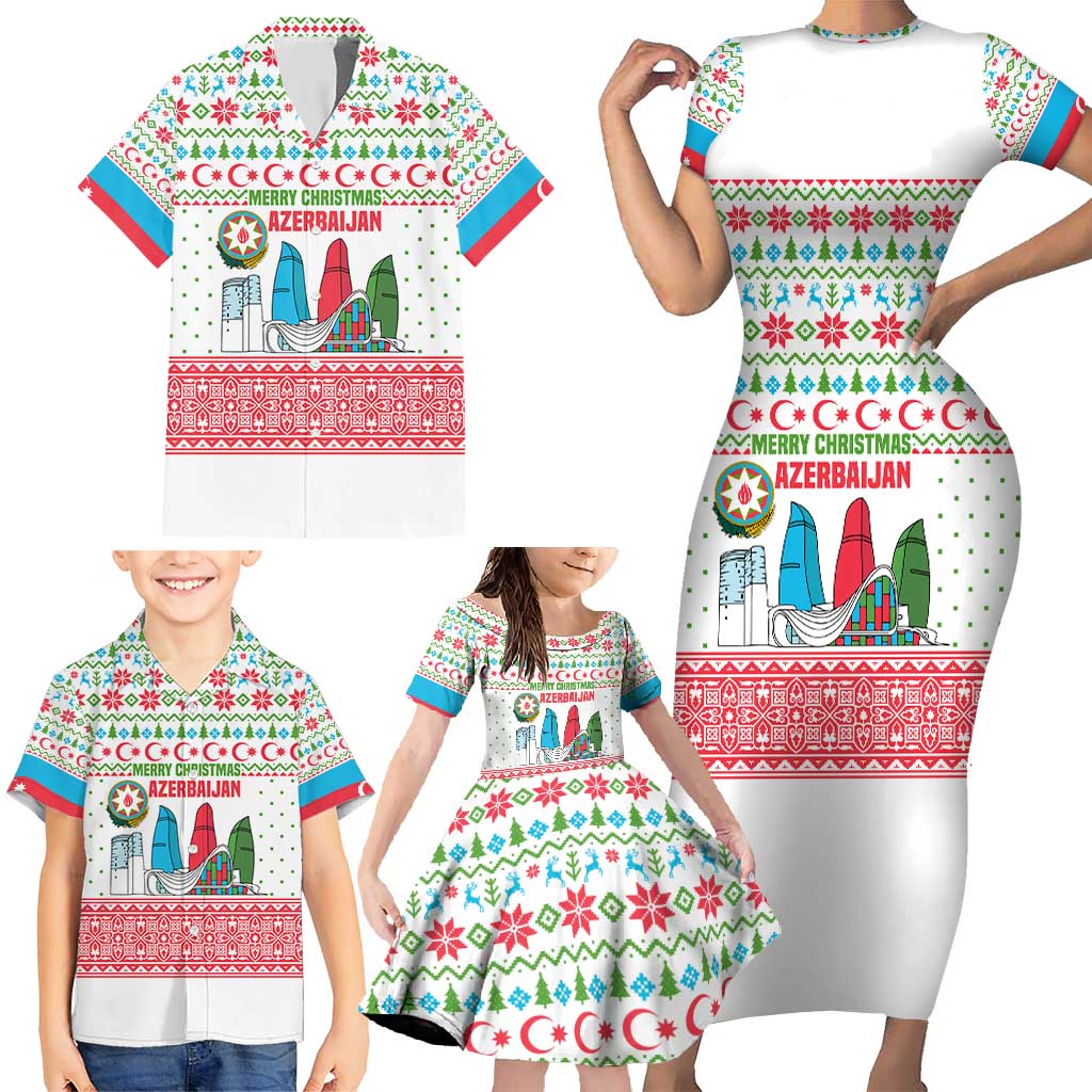 Azerbaijan Christmas Family Matching Short Sleeve Bodycon Dress and Hawaiian Shirt with Baku Skyline Azerbaijan Flag and Red Green Snowflake Pattern Design - Wonder Print Shop