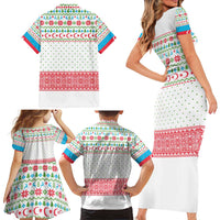 Azerbaijan Christmas Family Matching Short Sleeve Bodycon Dress and Hawaiian Shirt with Baku Skyline Azerbaijan Flag and Red Green Snowflake Pattern Design - Wonder Print Shop