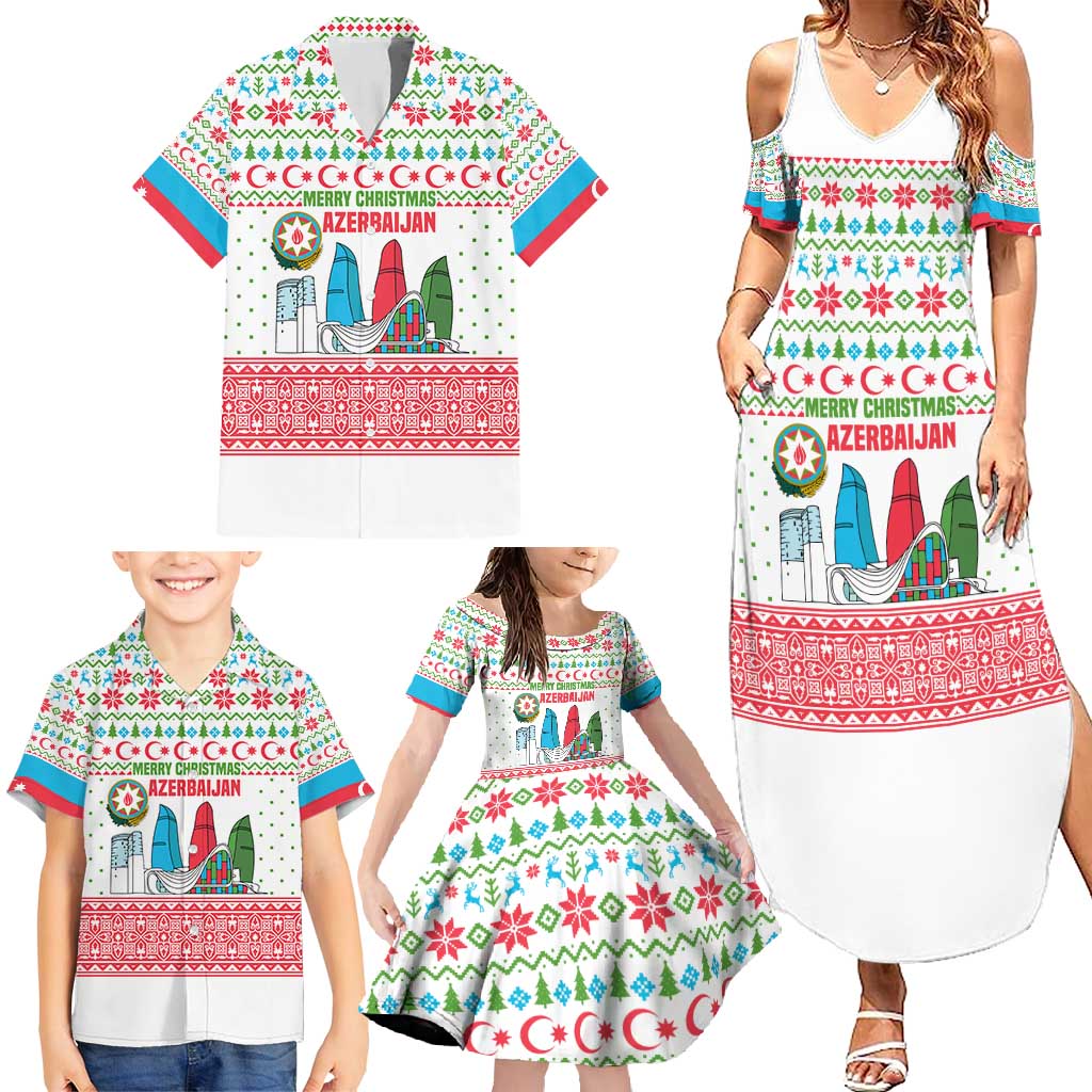 Azerbaijan Christmas Family Matching Summer Maxi Dress and Hawaiian Shirt with Baku Skyline Azerbaijan Flag and Red Green Snowflake Pattern Design - Wonder Print Shop