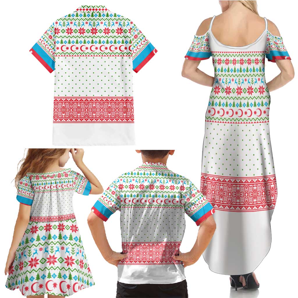Azerbaijan Christmas Family Matching Summer Maxi Dress and Hawaiian Shirt with Baku Skyline Azerbaijan Flag and Red Green Snowflake Pattern Design - Wonder Print Shop