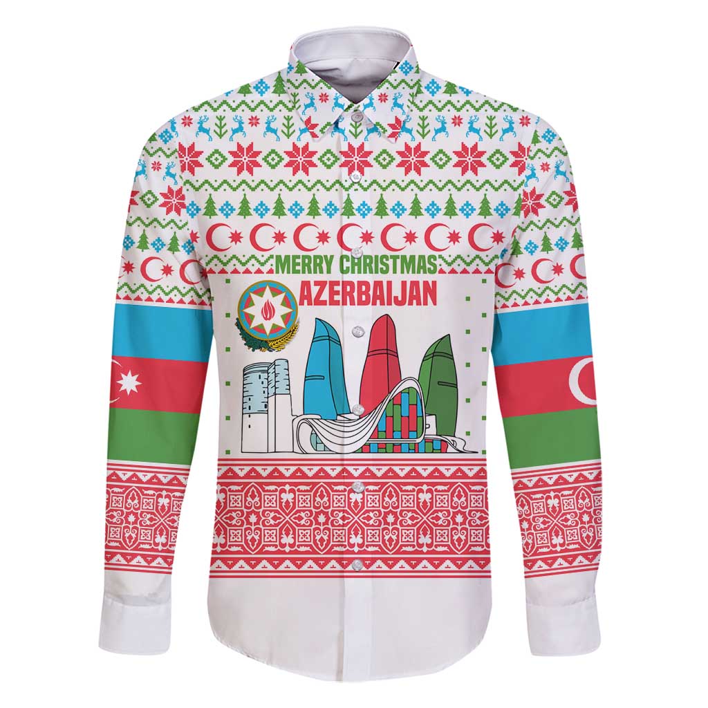 Azerbaijan Christmas Family Matching Summer Maxi Dress and Hawaiian Shirt with Baku Skyline Azerbaijan Flag and Red Green Snowflake Pattern Design - Wonder Print Shop
