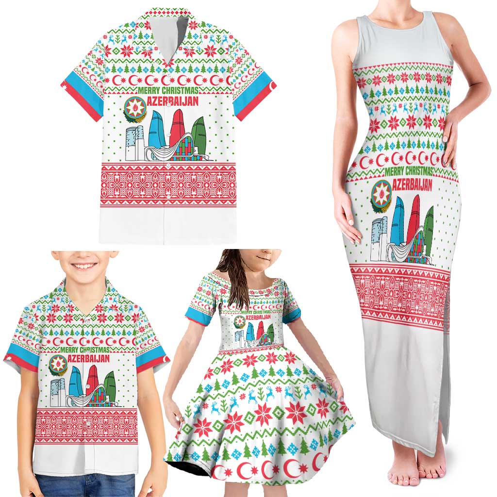 Azerbaijan Christmas Family Matching Tank Maxi Dress and Hawaiian Shirt with Baku Skyline Azerbaijan Flag and Red Green Snowflake Pattern Design - Wonder Print Shop
