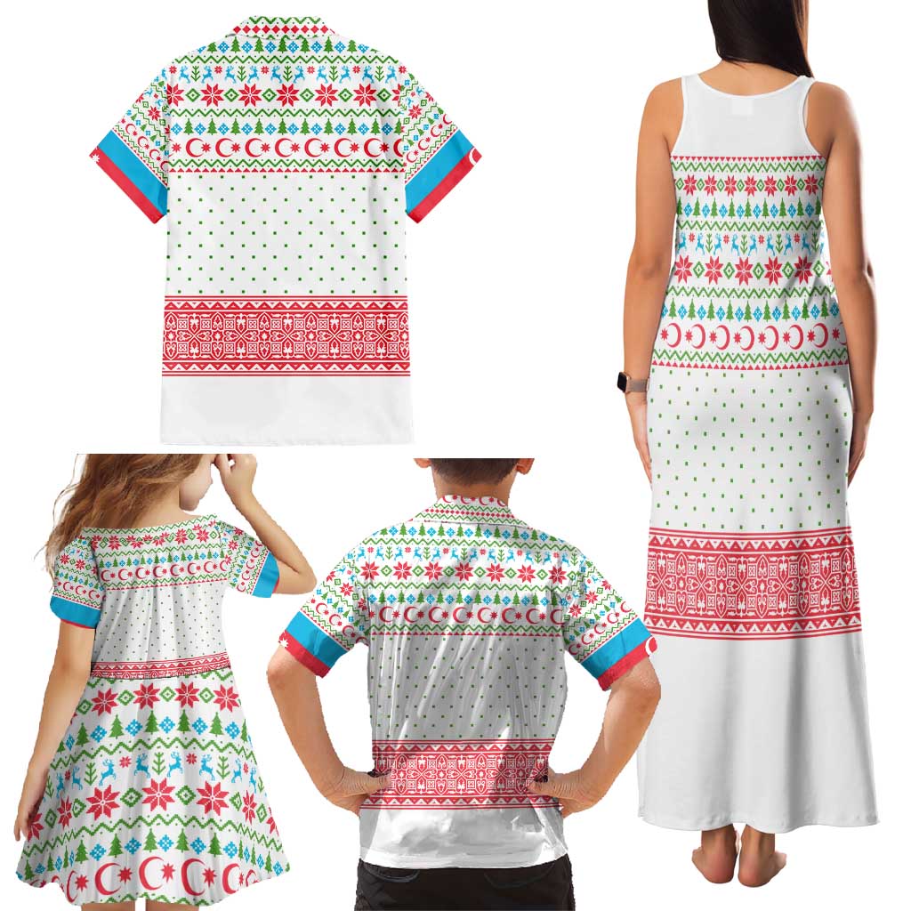 Azerbaijan Christmas Family Matching Tank Maxi Dress and Hawaiian Shirt with Baku Skyline Azerbaijan Flag and Red Green Snowflake Pattern Design - Wonder Print Shop