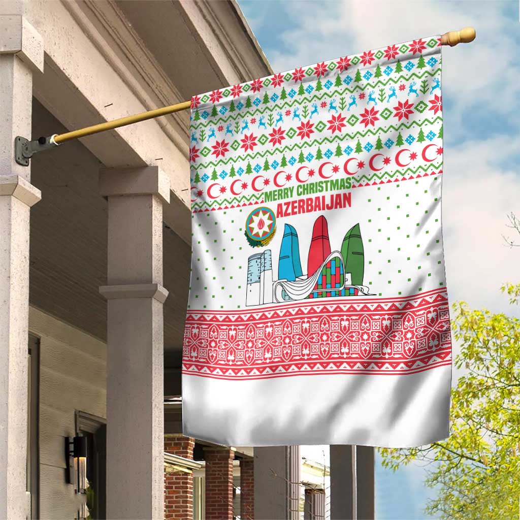 Azerbaijan Christmas Garden Flag with Baku Skyline Azerbaijan Flag and Red Green Snowflake Pattern Design - Wonder Print Shop