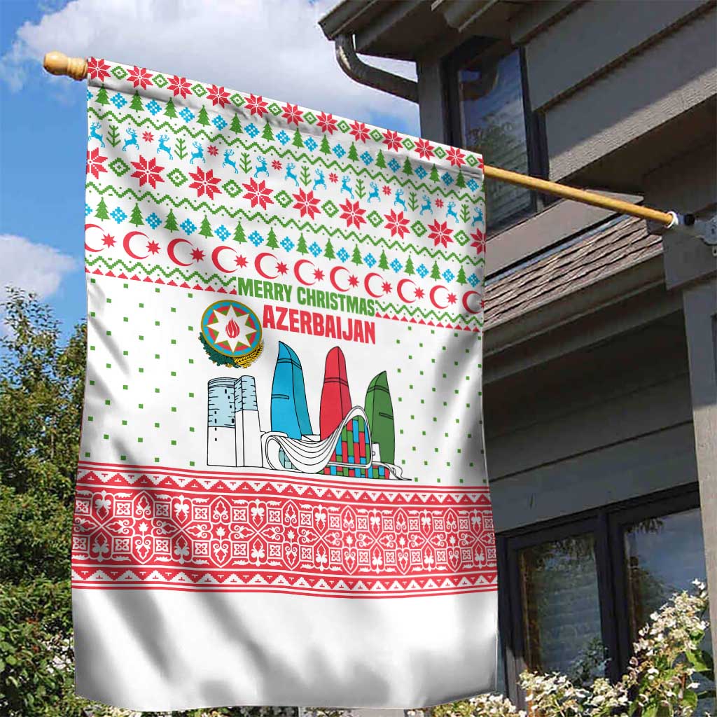 Azerbaijan Christmas Garden Flag with Baku Skyline Azerbaijan Flag and Red Green Snowflake Pattern Design - Wonder Print Shop