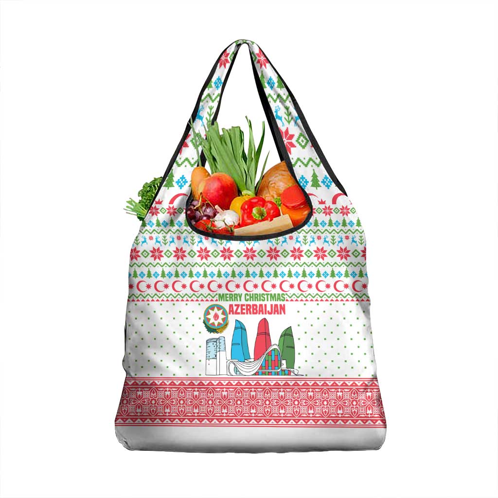 Azerbaijan Christmas Grocery Bag with Baku Skyline Azerbaijan Flag and Red Green Snowflake Pattern Design - Wonder Print Shop