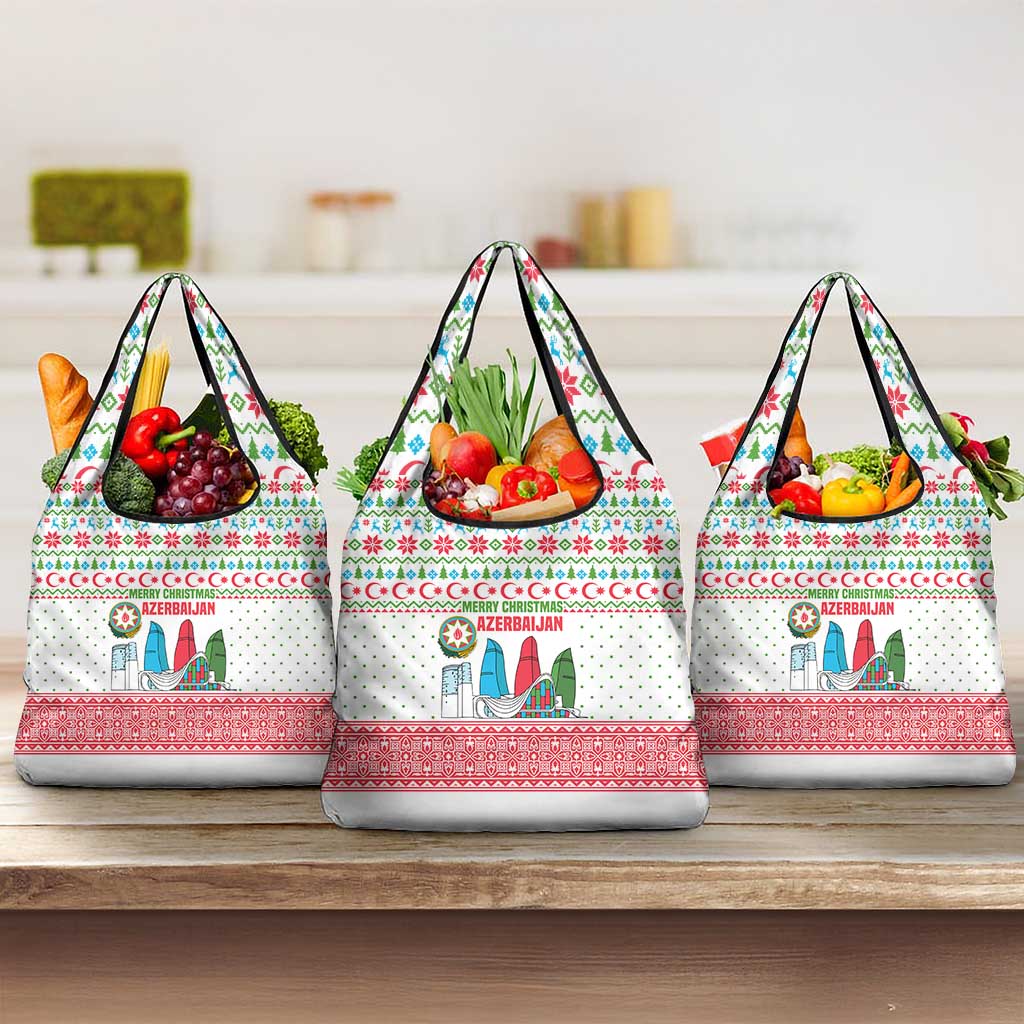 Azerbaijan Christmas Grocery Bag with Baku Skyline Azerbaijan Flag and Red Green Snowflake Pattern Design - Wonder Print Shop